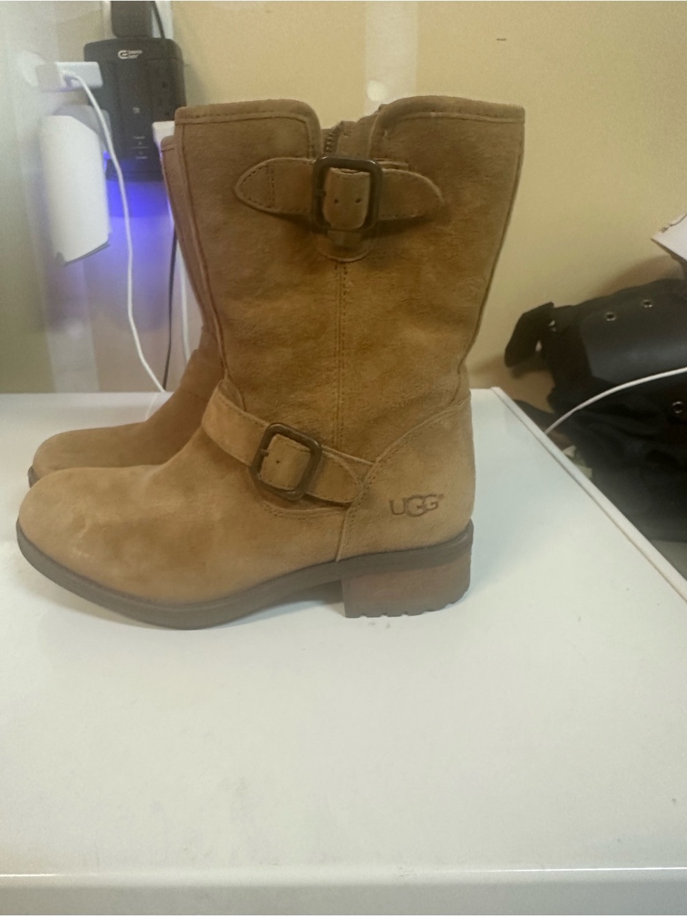 UGG Tan Suede Lace-Up Mid-Calf Buckle Boots